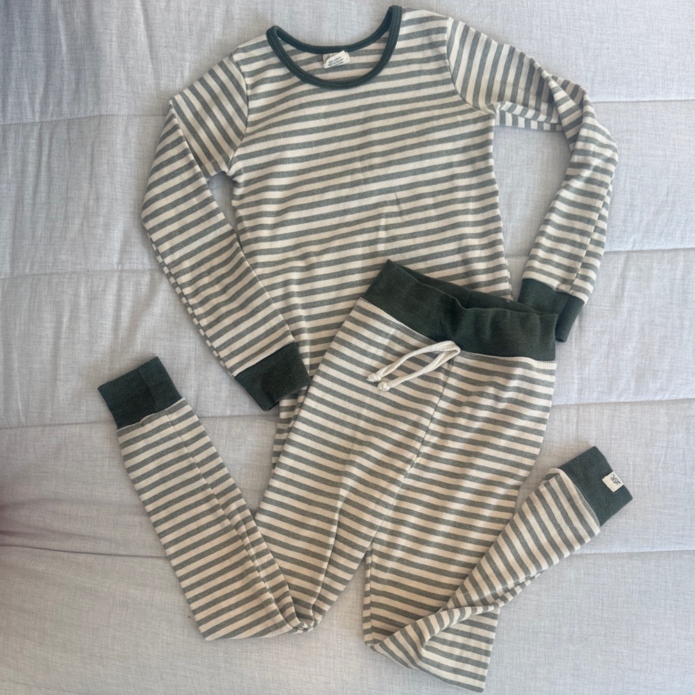 Lulu & Roe Striped Kids Pajamas in Cream and Olive Green
